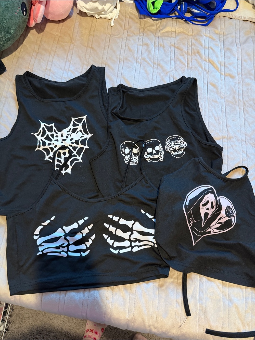 Black Graphic Crop Tops Trio with White Skull & Skeleton Prints